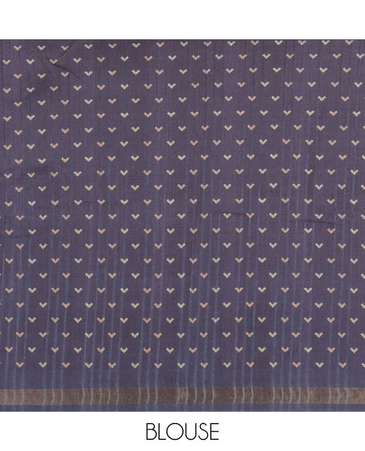 Purple flower motifs katan silk saree with contrast floral vine & bird printed border & geometric & argyle printed pallu