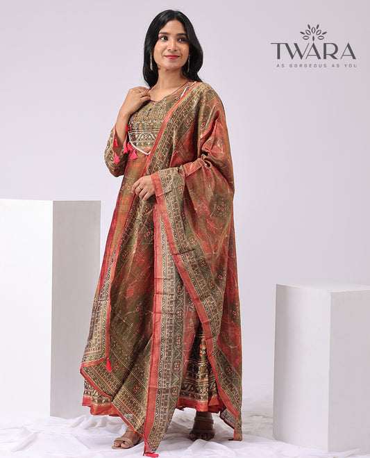 Twara multi-color floral embroidered round , 3/4 th sleeve ,below knee lenght kurti with straigt pants & floral design dupatta
