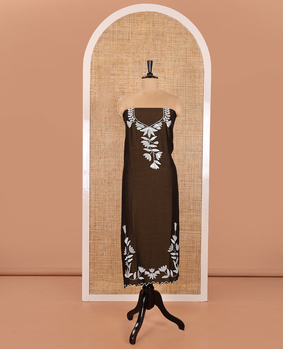 Dark Olive Green Material Churidar Set, Detailed with Floral Motifs Sequins-Thread Embroidered on Its Vichitra Silk Top, Comes with a Contrast Santoon Bottom, and Paired with a Vichitra Silk Floral Embroidered Scallop Dupatta