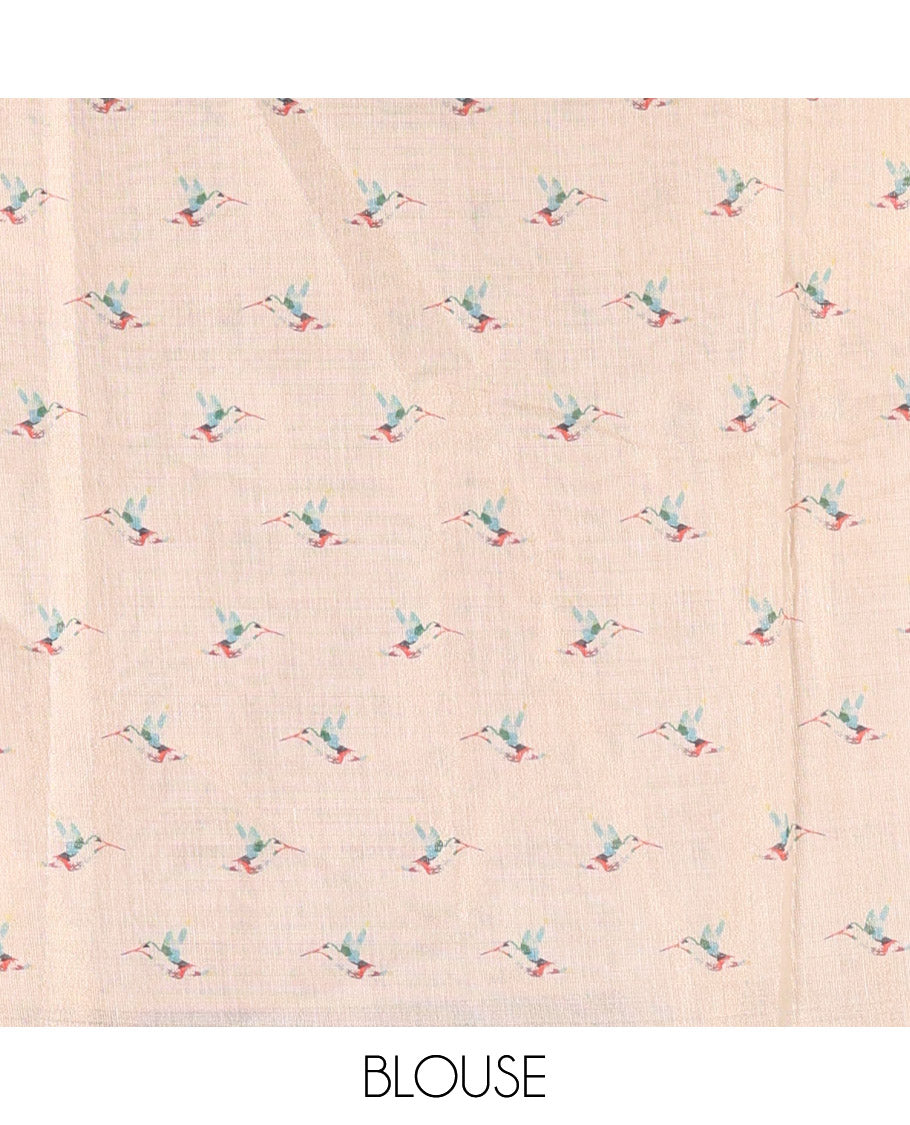 Borderless Gold Tissue Saree, Artfully Detailed with Butterfly and Musical Instruments Printed on Its Body, Self-Pallu of Butterfly and Musical Instruments Print, and Paired with a Matching Blouse