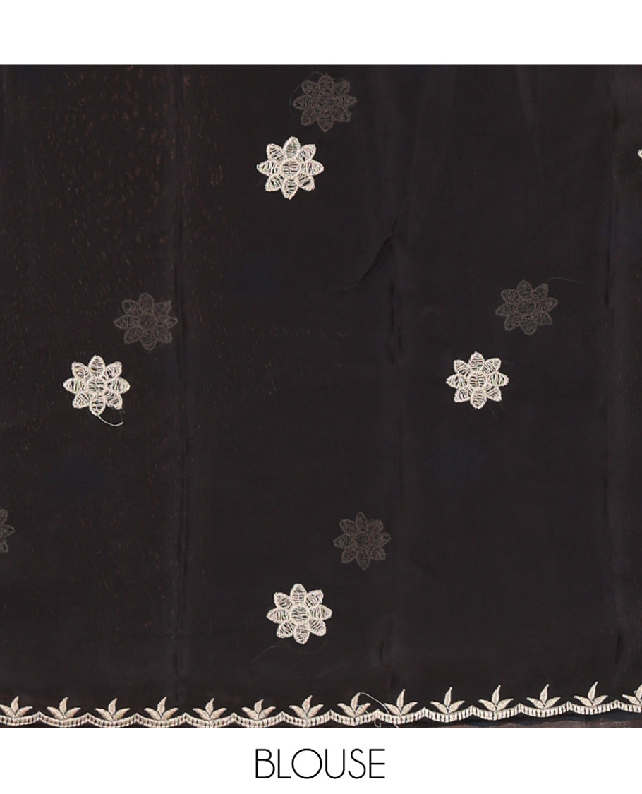 Chikku Chiffon Saree, Gracefully Embellished with Floral Embroidery Buttas, a Lace Embroidered Border, a Contrast Blouse