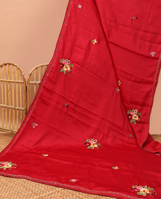 Red all-over floral motifs thread embroidery tussar silk saree with self striped embroidery border
