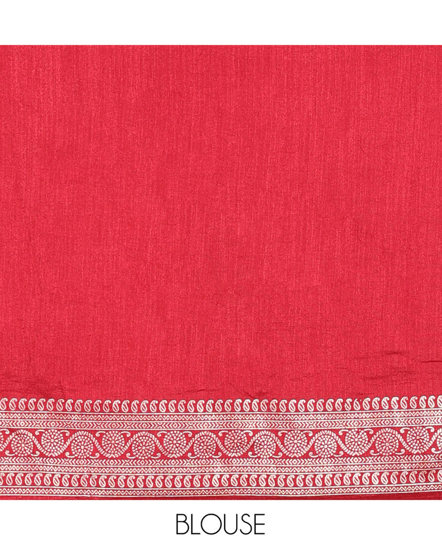 Red Plain Vichitra Silk Saree, Subtle Traditional Motifs Woven Border, Plain Pallu, and Paired with a Matching Blouse