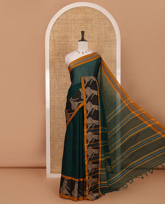 Green full-plain Mercerised cotton saree, contrast resham  thread dancing Bharatanatyam girl motifs woven border, striped pallu & plain blouse