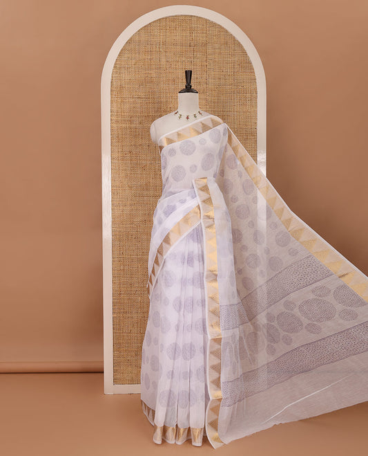 White-violet  circular motifs printed mercerised cotton saree, temple zari border, circular motifs printed pallu & matching zari border blouse