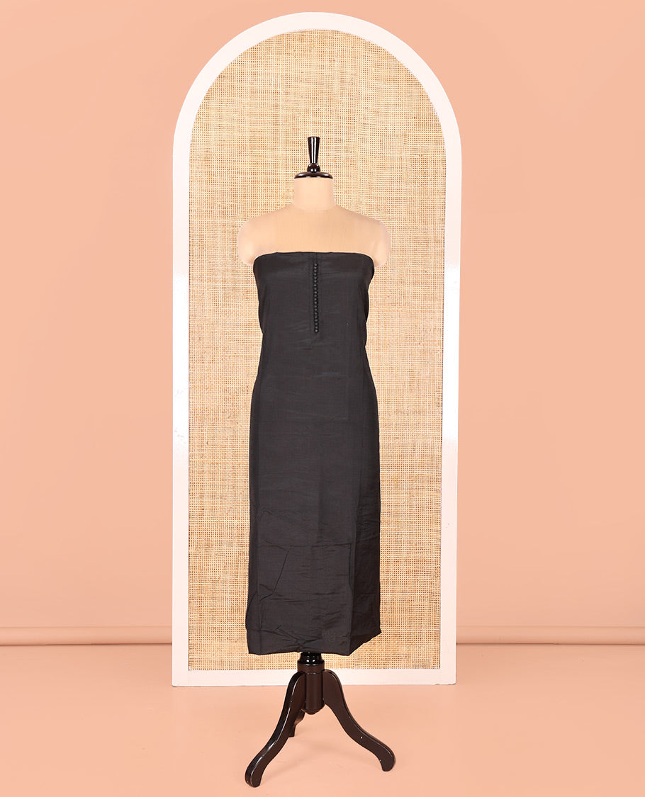 Black Semi-Silk Material Chudidar Set, Adorned with Pom-Pom Necklined Top, a Plain Santoon Bottom, and Paired Floral Zari Woven Semi-Silk Dupatta