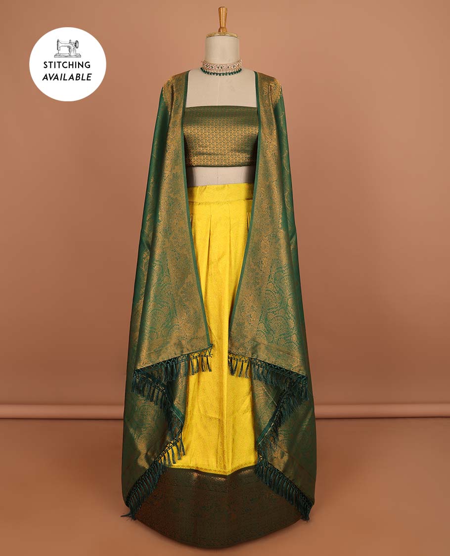 Blue buttas half sare with contrast zari border, zari design blouse & floral design dhavani