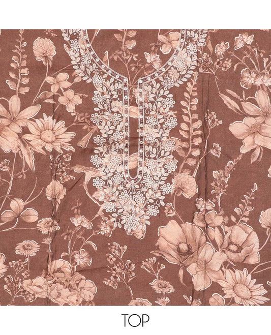 Brown chudidhar material set floral thread embroidered top with plain bottom & sequins embroidered dupatta