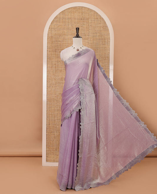 Light violet full-plain Fendi chiffon saree, scallop butterfly-style Swarovski stone work border & stone work matching blouse