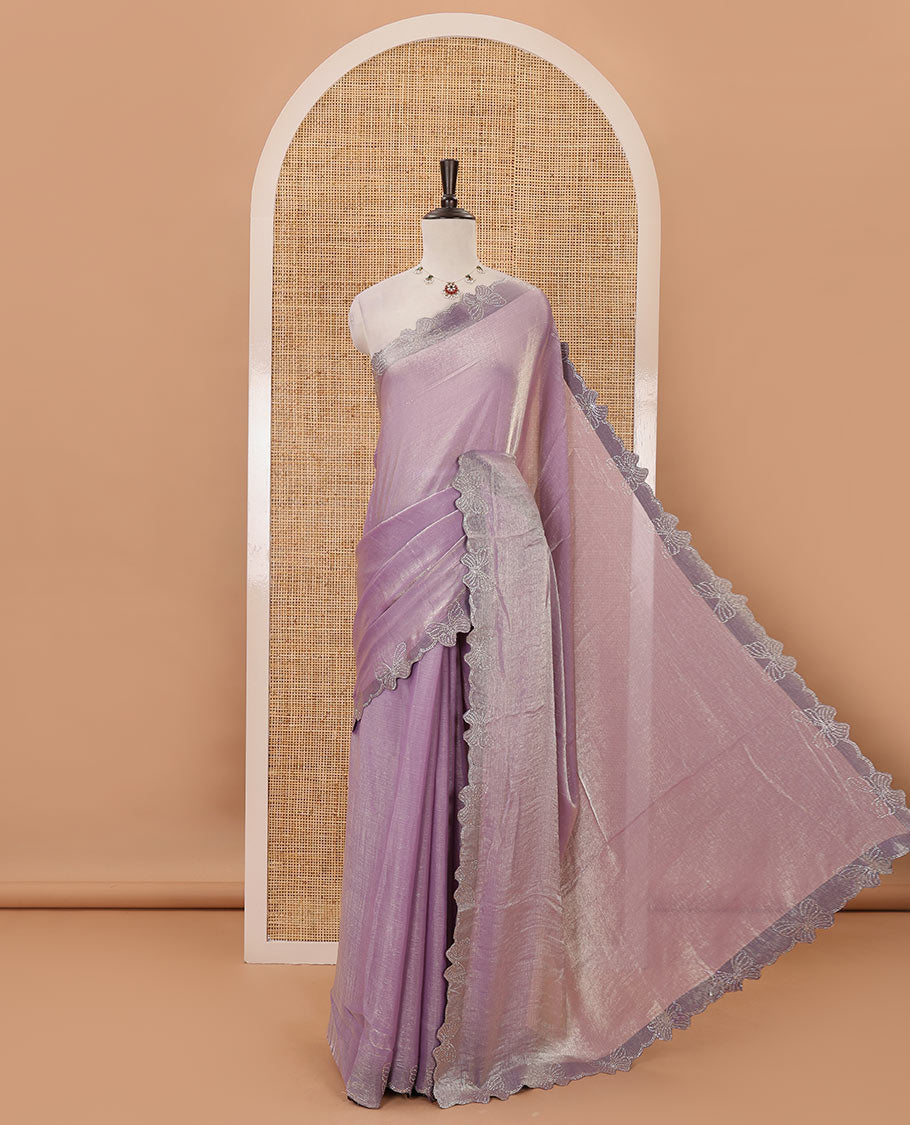 Light violet full-plain Fendi chiffon saree, scallop butterfly-style Swarovski stone work border & stone work matching blouse