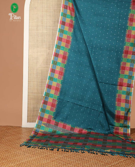 Peacock green thousand butta zari design kathan silk saree with checks border & checks design pallu & checks blouse