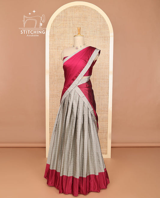 Sandal striped half saree with contrast border, plain blouse & plain, checked border dhavani