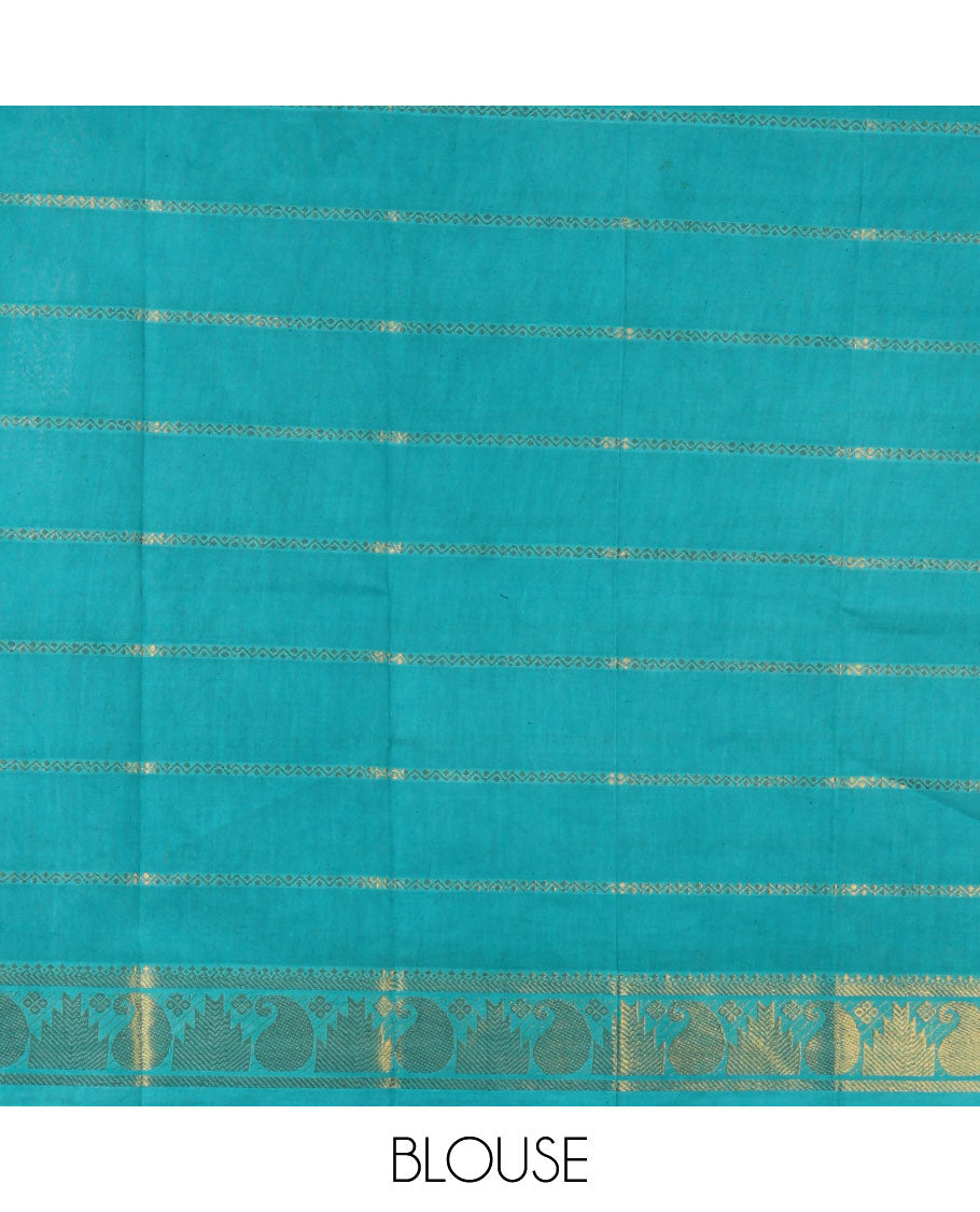 Half-white and rama Veldhari striped Sungudi cotton saree, contrast traditional border of peacock buttas, zari striped pallu, and a contrast blouse