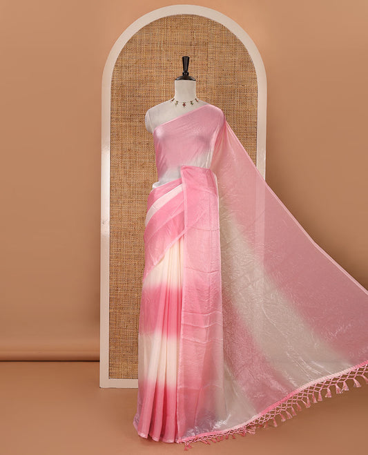 Borderless baby pink tie-dye-style printed fendy satin saree, self-pallu with tassels & plain blouse