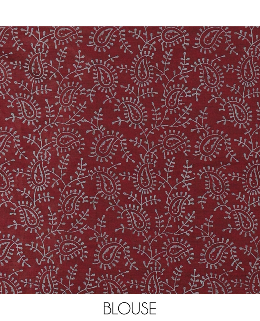 Grey South Cotton Saree Featuring Bunny Motifs Print, Highlighted with a Contrast Piping Border, and a Contrast Paisley Vine Block Printed Blouse