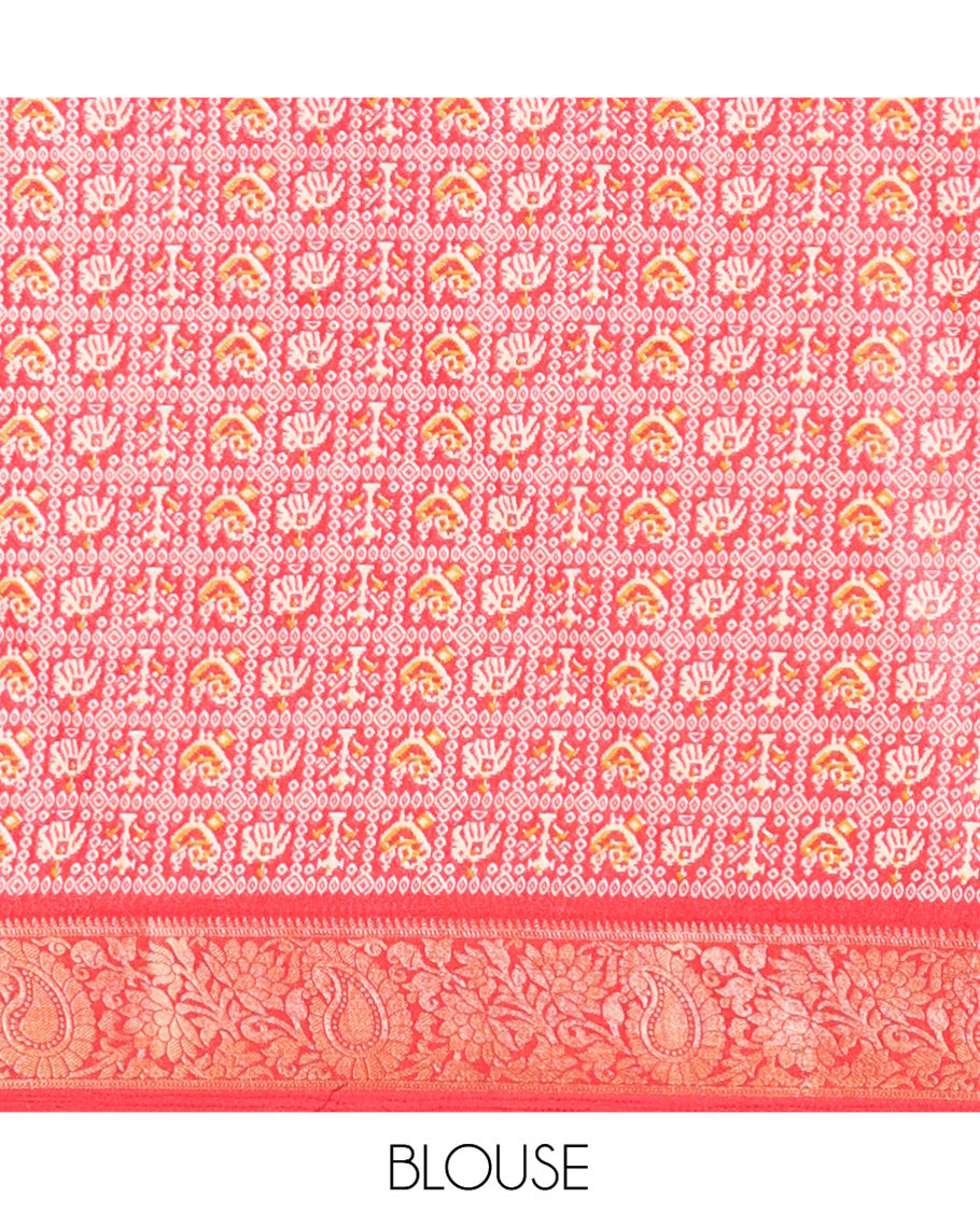 Mustard Embossed Moss Chiffon Saree, Complemented by a Contrast Traditional Zari Patola Printed Border, Patola Pallu, and a Contrast Blouse
