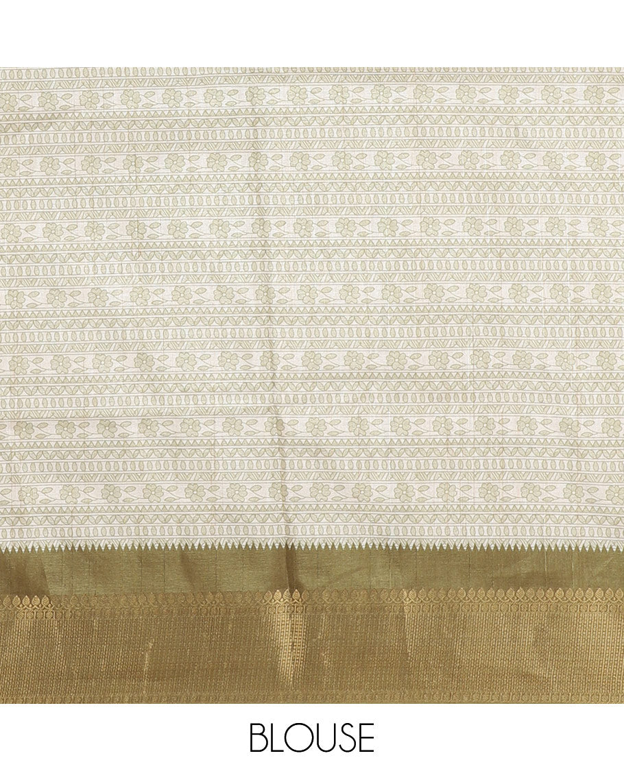 Cream and green Madhubani village theme characters printed soft tussar saree, contrast traditional zari border, Madhubani printed pallu, and a matching blouse