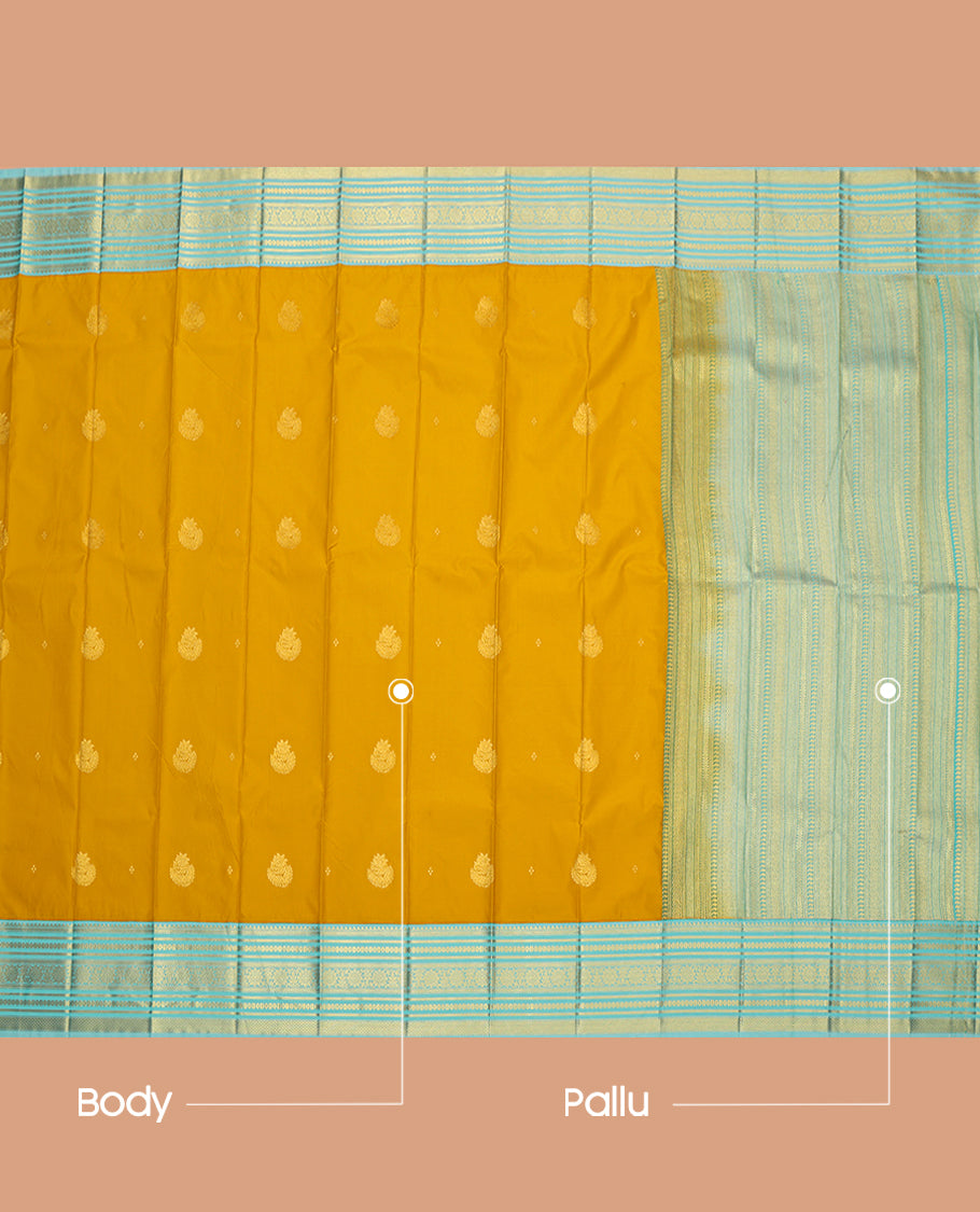 Mustard Budget Silk Saree, Showcasing Zari Buttas, Complemented by a Contrast Traditional Zari Border, Grand Pallu, and Contrast Blouse