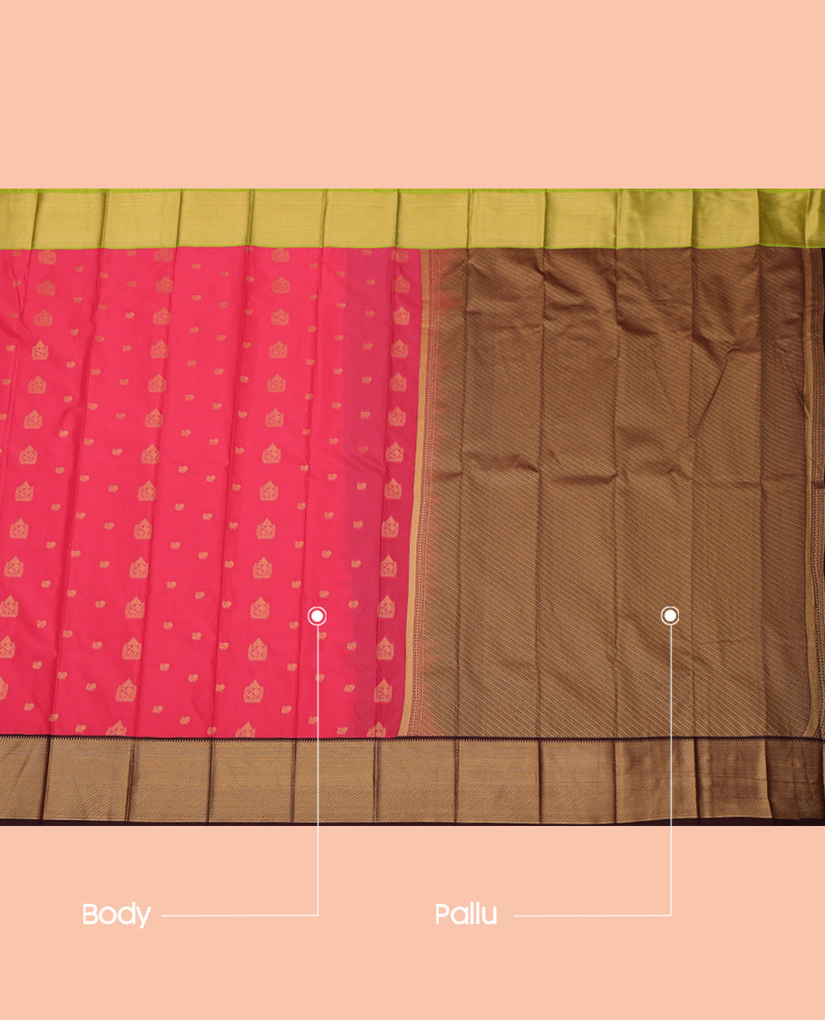 Pink Budget Silk Saree, Detailed with Zari Buttas, a Contrast Traditional Ganga-Jamuna Border, Intricate Pallu, and a Contrast Blouse
