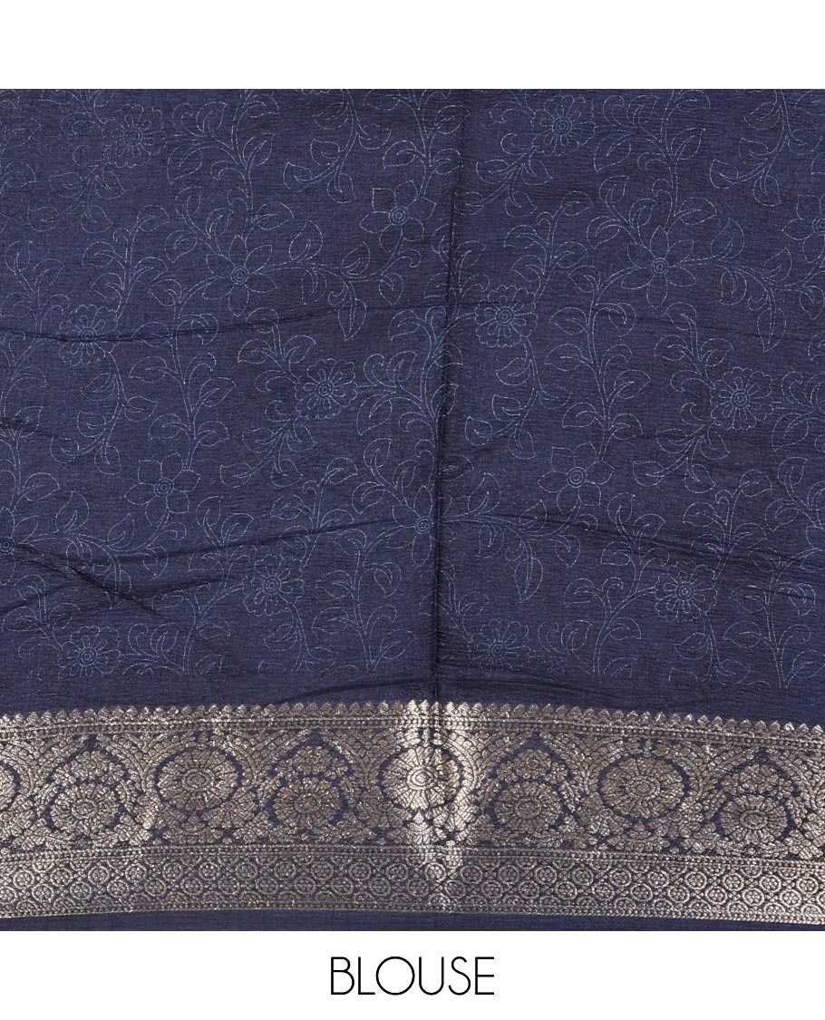 Blue kalamkari floral vine and peacock printed dola silk saree, contrast traditional zari border, peacock printed pallu, and floral vine print blouse