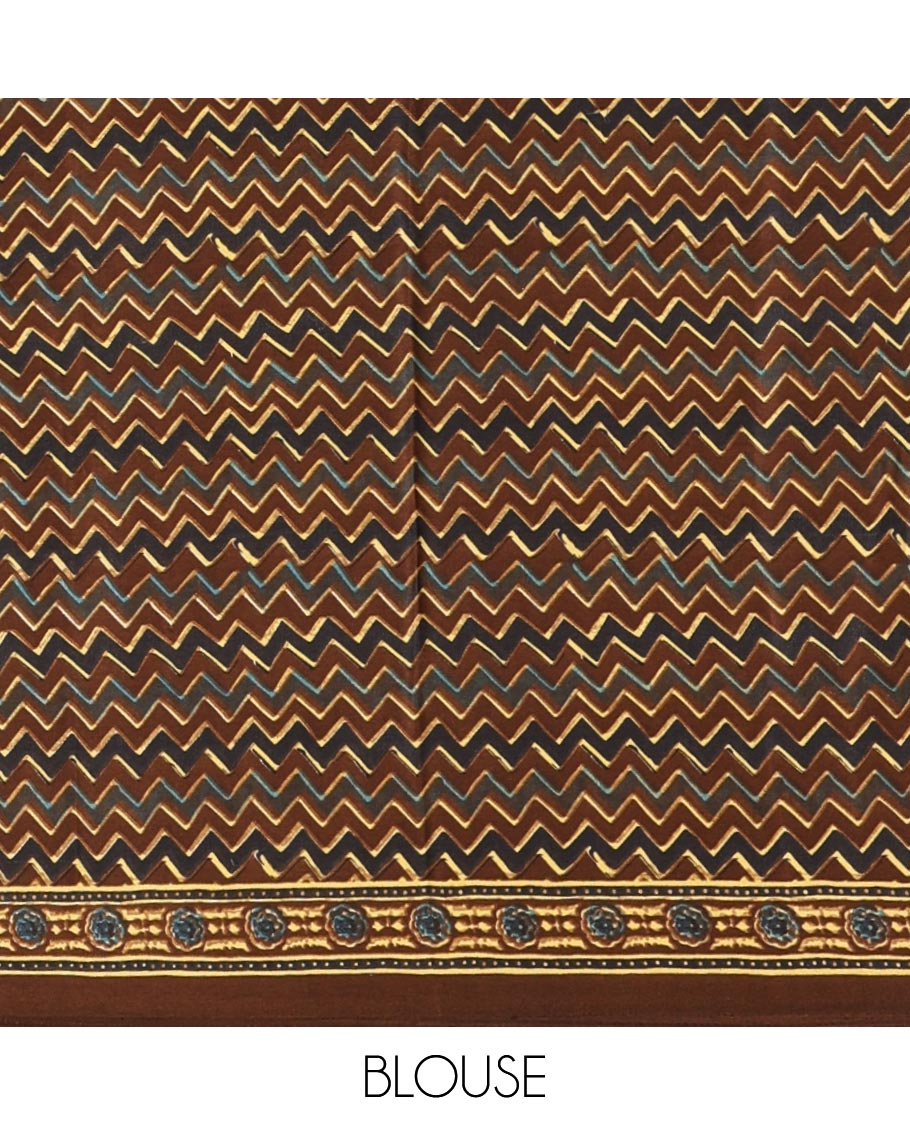 Brown handblock-style dots & floral digital printed skirt-border gajji silk saree, floral-geometric print pallu & matching chevron printed blouse