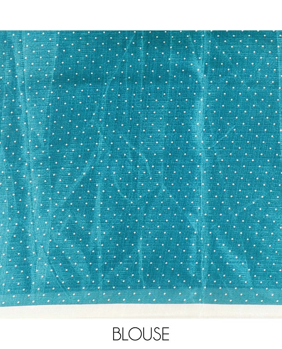 Borderless cream and blue polka dots printed art khadi cotton saree, pallu steeped with polka dots, and a contrast tiny polka dots printed blouse