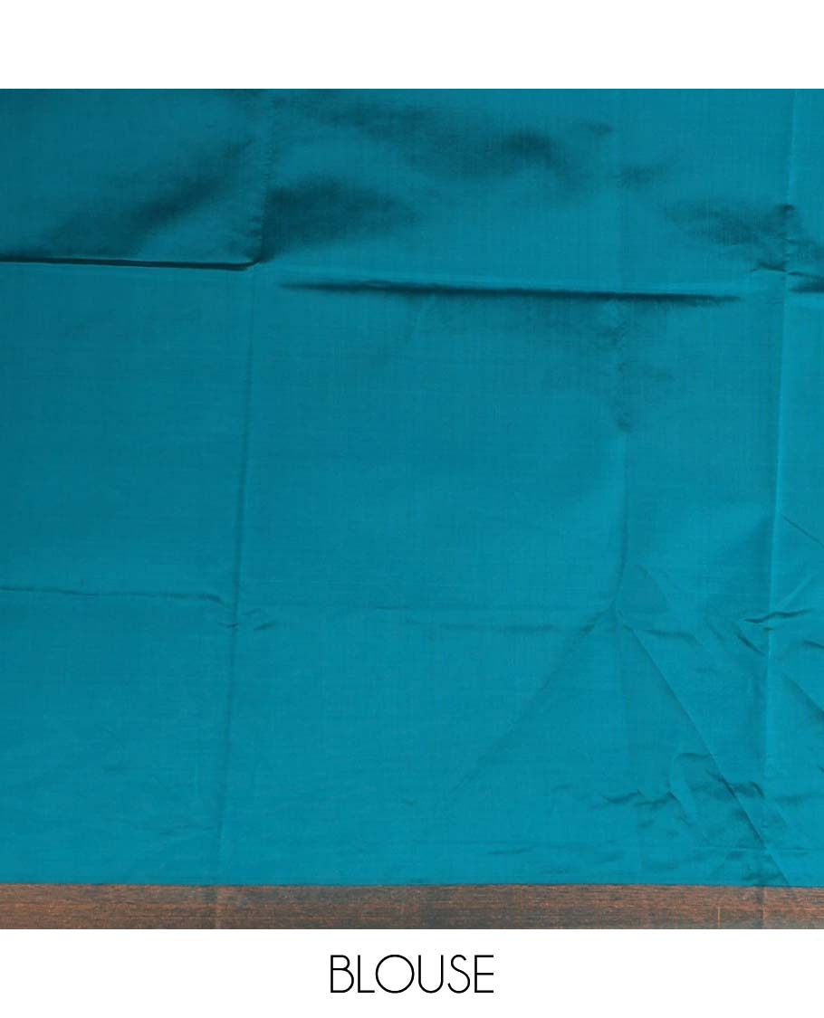 Half-white buttas banarasi jute saree, contrast traditional zari ganga-jamuna-style satin thread border, intricate pallu & plain blue blouse (Copy)