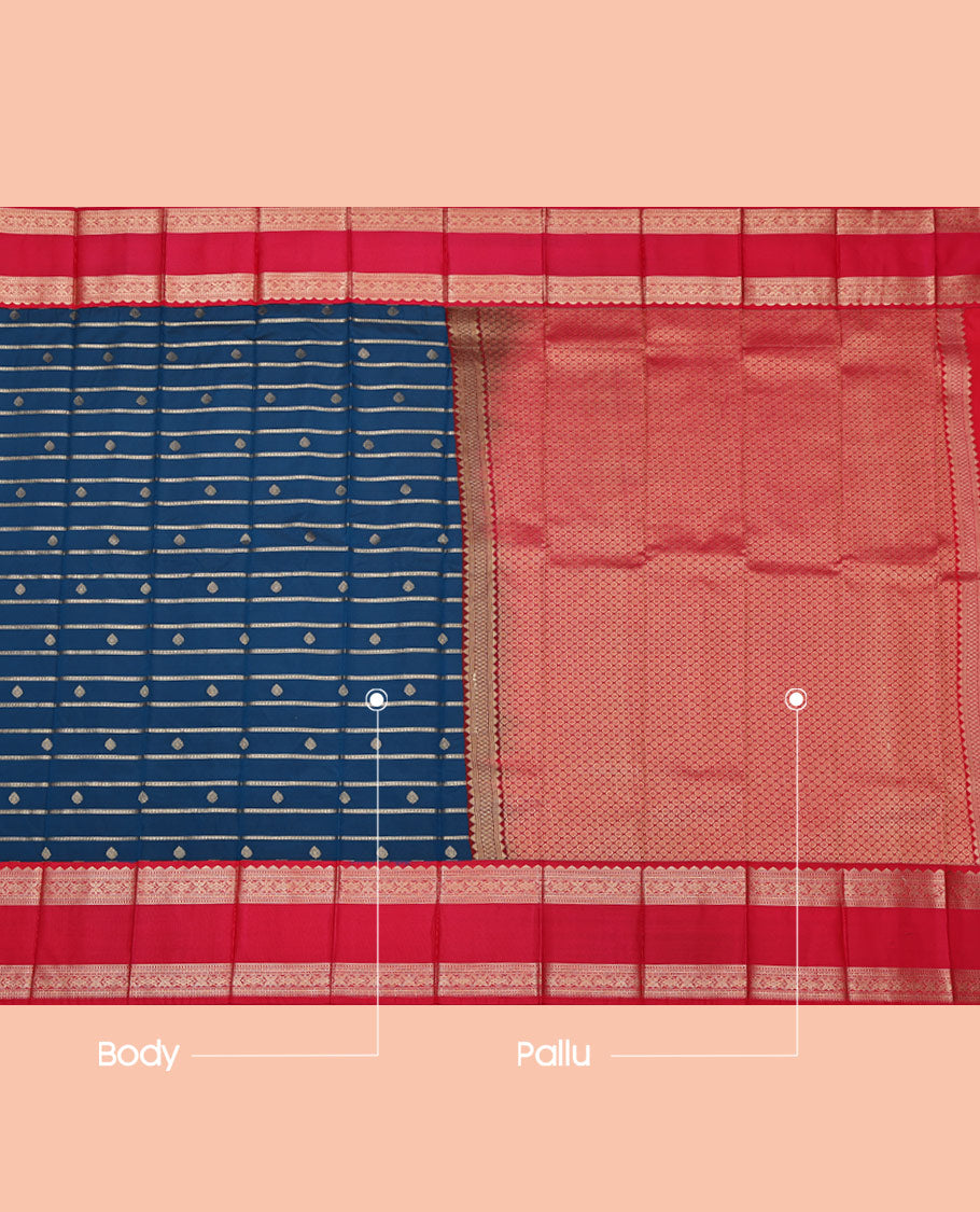 Blue Budget Silk Saree, Detailed with Zari Buttas and Stripes on Its Body, Complemented by a Contrast Traditional Zari Design Rettai Pettu Border, Grand Jaal Pallu, and Paired with a Contrast Blouse