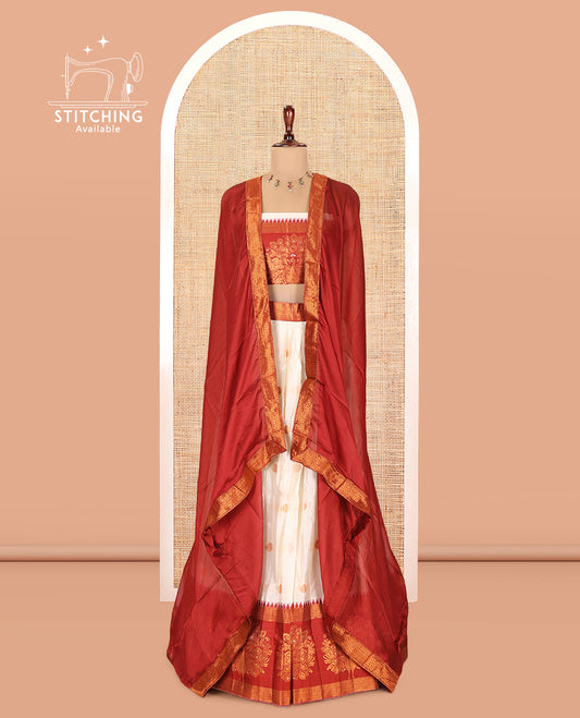 Cream-Maroon Semi-Silk Half-Saree