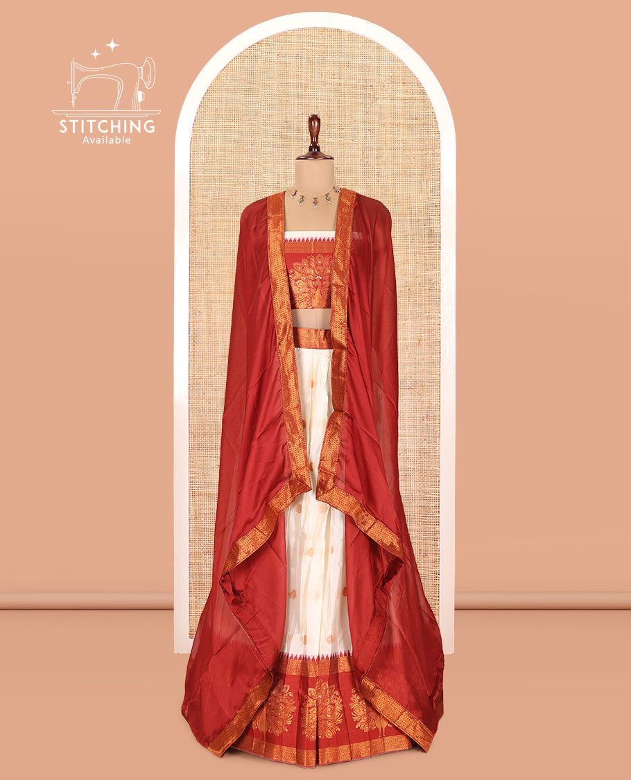 Cream-Maroon Semi-Silk Half-Saree