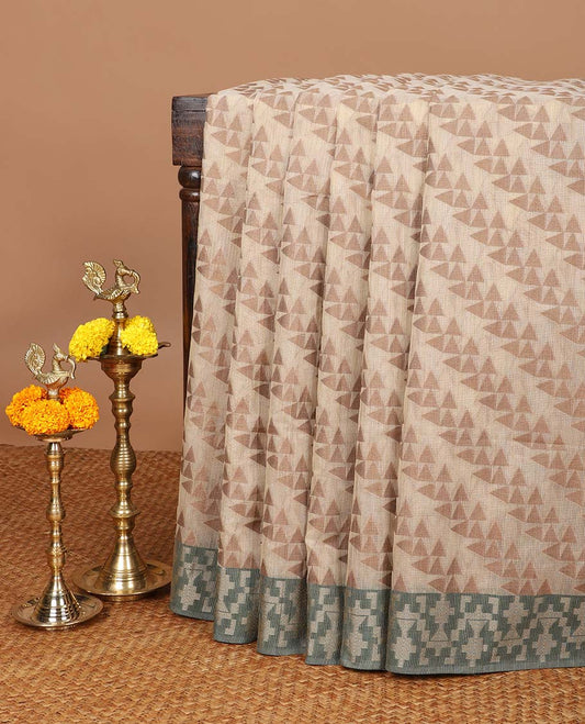 Chikku color with green cross fancy design banaras soft kotta saree with thread woven border & chit pallu along with running blouse