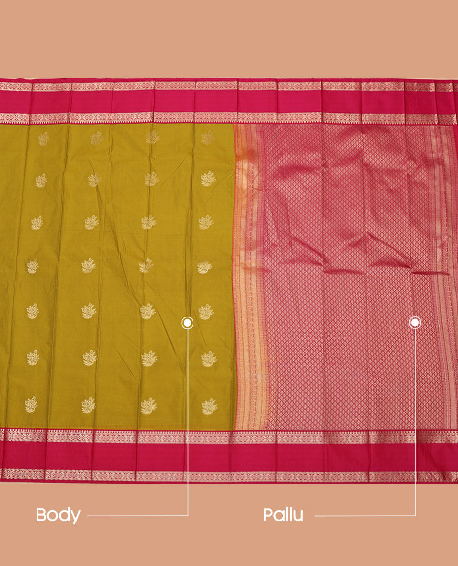 Green Budget Silk Saree, Prettified with Zari Buttas on Its Body, Complemented by a Contrast Traditional Zari Design Rettai Pettu Border, Pallu of Jaal Designs, and Paired with a Contrast Blouse