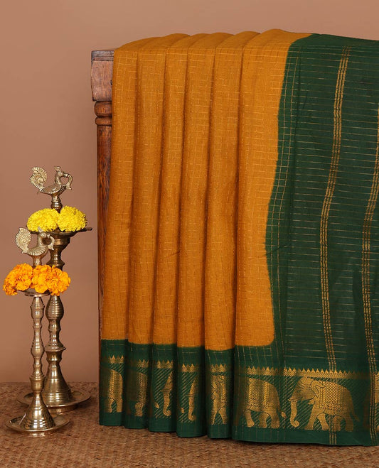 Mustard zari checked sungudi cotton saree, contrast temple & elephant motifs border, zari striped pallu & zari design contrast blouse