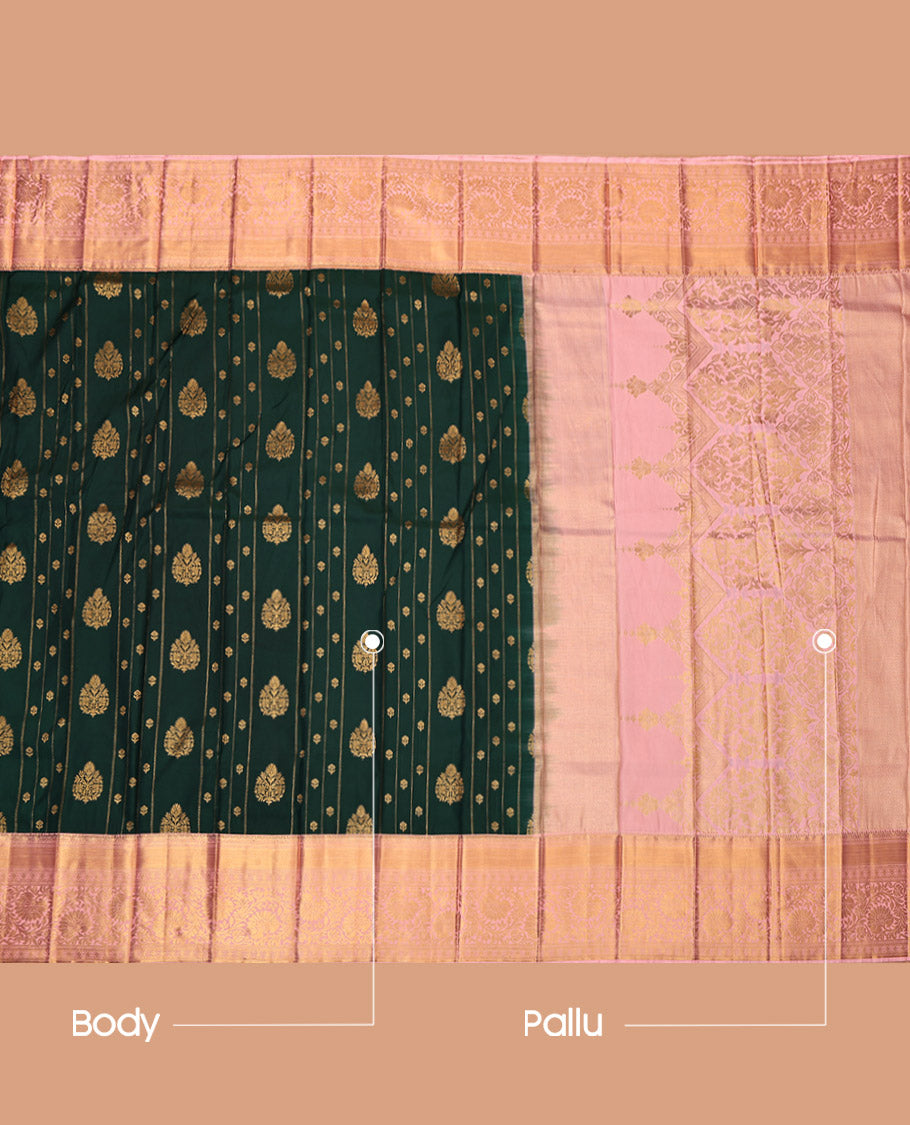 Green Budget Silk Saree, Bedecked with Zari Buttas and Stripes, Complemented by a Contrast Traditional Border, Grand Pallu, and a Contrast Blouse