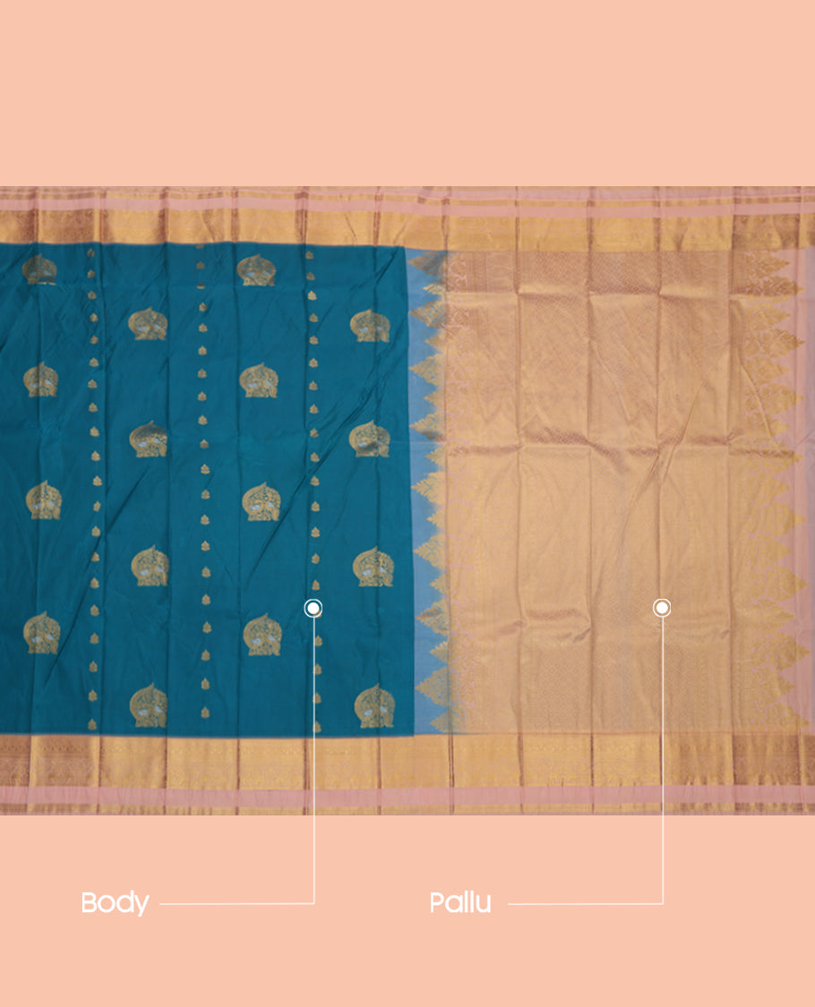 Blue Budget Silk Saree, Adorned with Zari Buttas, Complemented by Contrast Traditional Rettai Pettu Border, a Grand Pallu and a Contrast Blouse