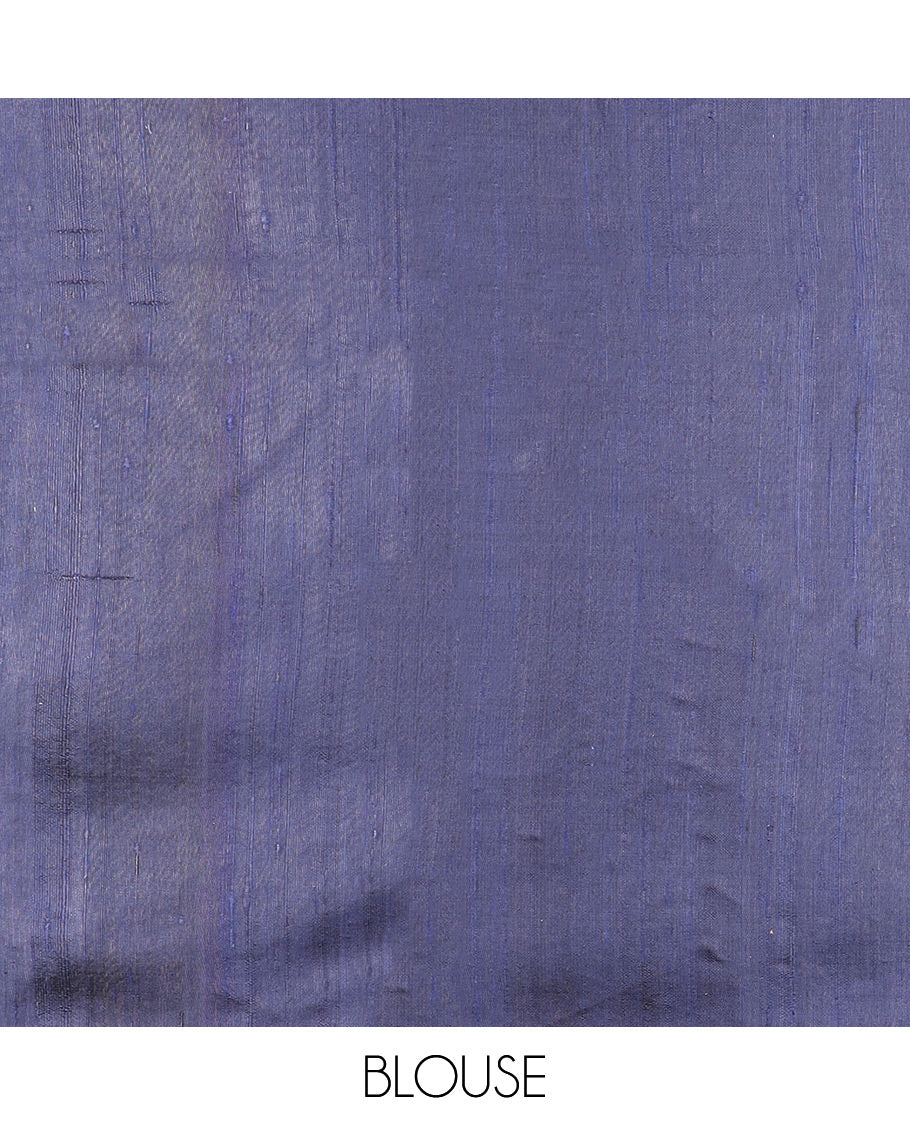 Blue Plain Dupion Silk Saree, Complemented by a Contrast Temple Border of Geometric Patterns, Zari-Rich Pallu of Temple Designs, and Paired with a Contrast Blouse