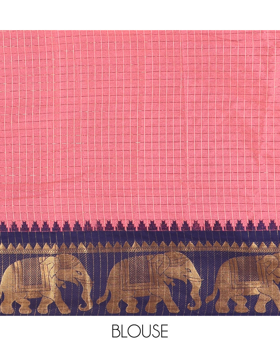 Pink zari checked semi-taffeta saree, contrast satin temple border of elephant motifs, striped pallu, and a contrast striped blouse