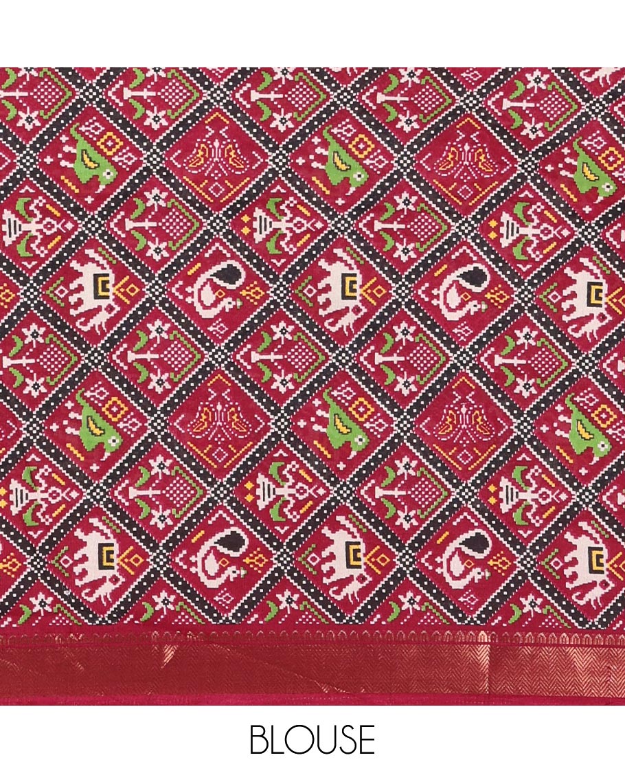 Cream-wine plain dola-tussar saree, contrast temple zari border, patola animal motifs enclosed jaal printed pallu & patola printed blouse