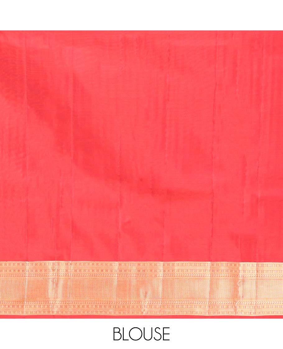 Red Vasundhara Lite Silk Mix Saree, Adorned with Zari Buttas All Over Its Body, Highlighted by Zari Border of Rudraksham, Banaras, Manga, and Mayil Kann Designs, Diagonally Striped Pallu, and Paired with a Matching Blouse