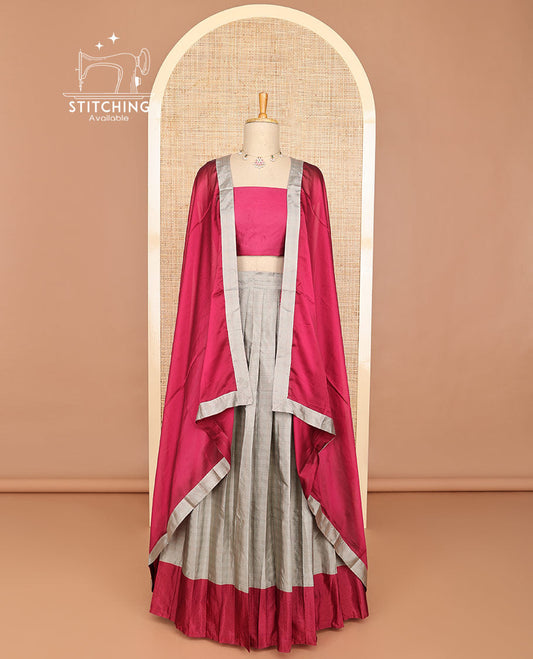 Sandal striped half saree with contrast border, plain blouse & plain, checked border dhavani