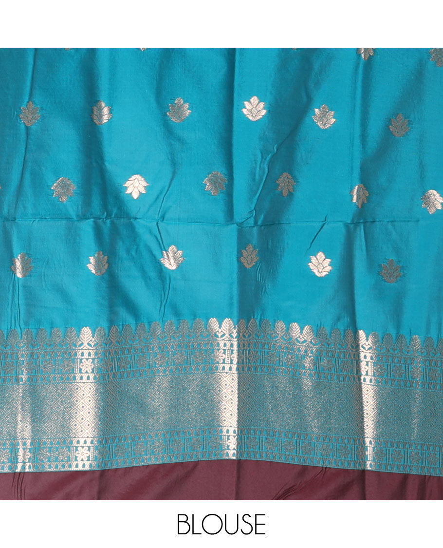 Borderless wine chakra buttas enclosed, checked elite soft silk saree, contrast ogee patterned pallu, and contrast zari design blouse