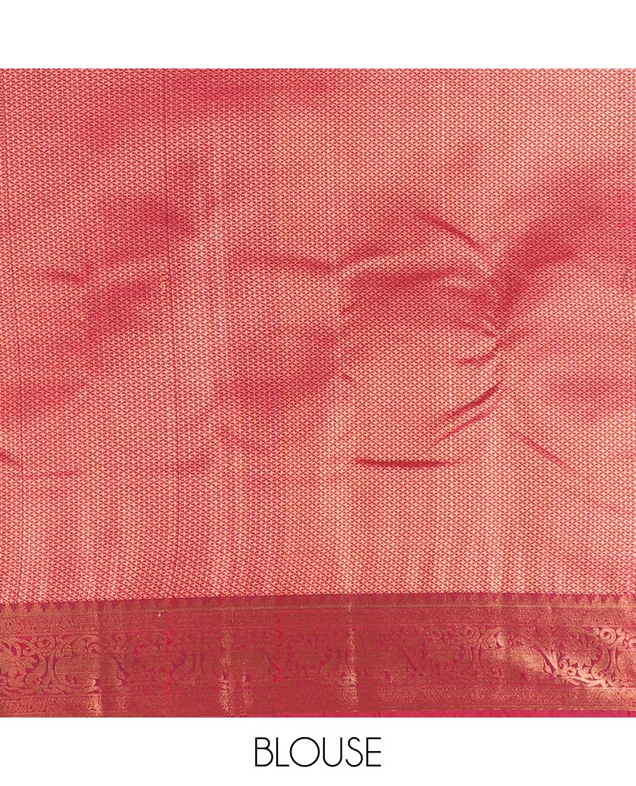 Peacock green plain luxury soft silk saree, contrast traditional temple zari border of elephant motifs, geometric zari pallu, and a contrast jacquard blouse