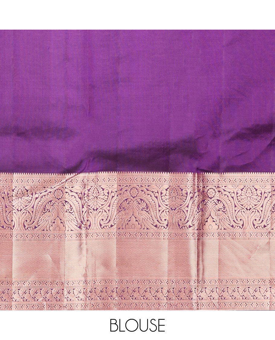 Violet floral jacquard kancheepuram silk saree with self zari design border & intricate floral zari design pallu