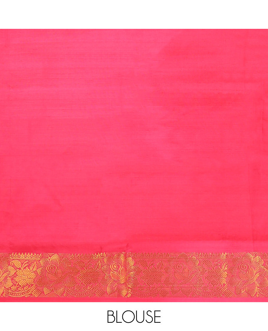 Red Banana Pith Saree, Beautified with Thread Buttas All Over Its Body, Complemented by a Contrast Floral Creeper Design Woven Border, Pallu Steeped with Stripes and Buttas, and Paired with a Contrast Blouse