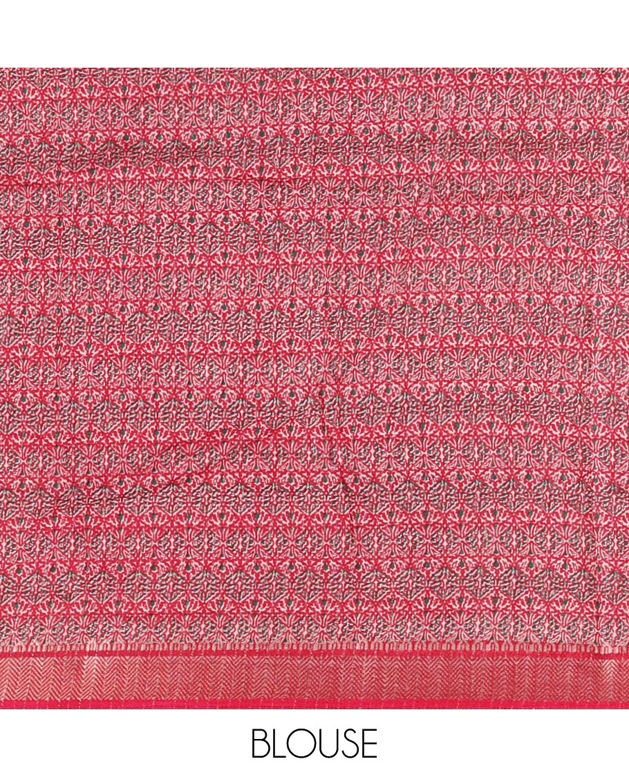 Chikku zari striped & printed dola silk saree, contrast rani pink traditional zari border & pallu of elephant & peacock print & contrast printed blouse