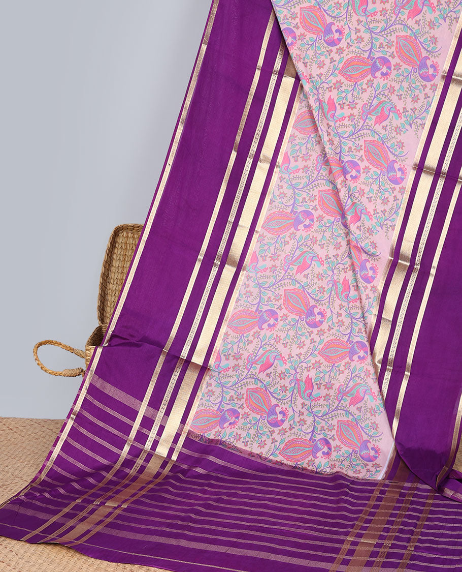 Pink floral vine design art mysore silk saree with contrast striped border & pallu zari striped design
