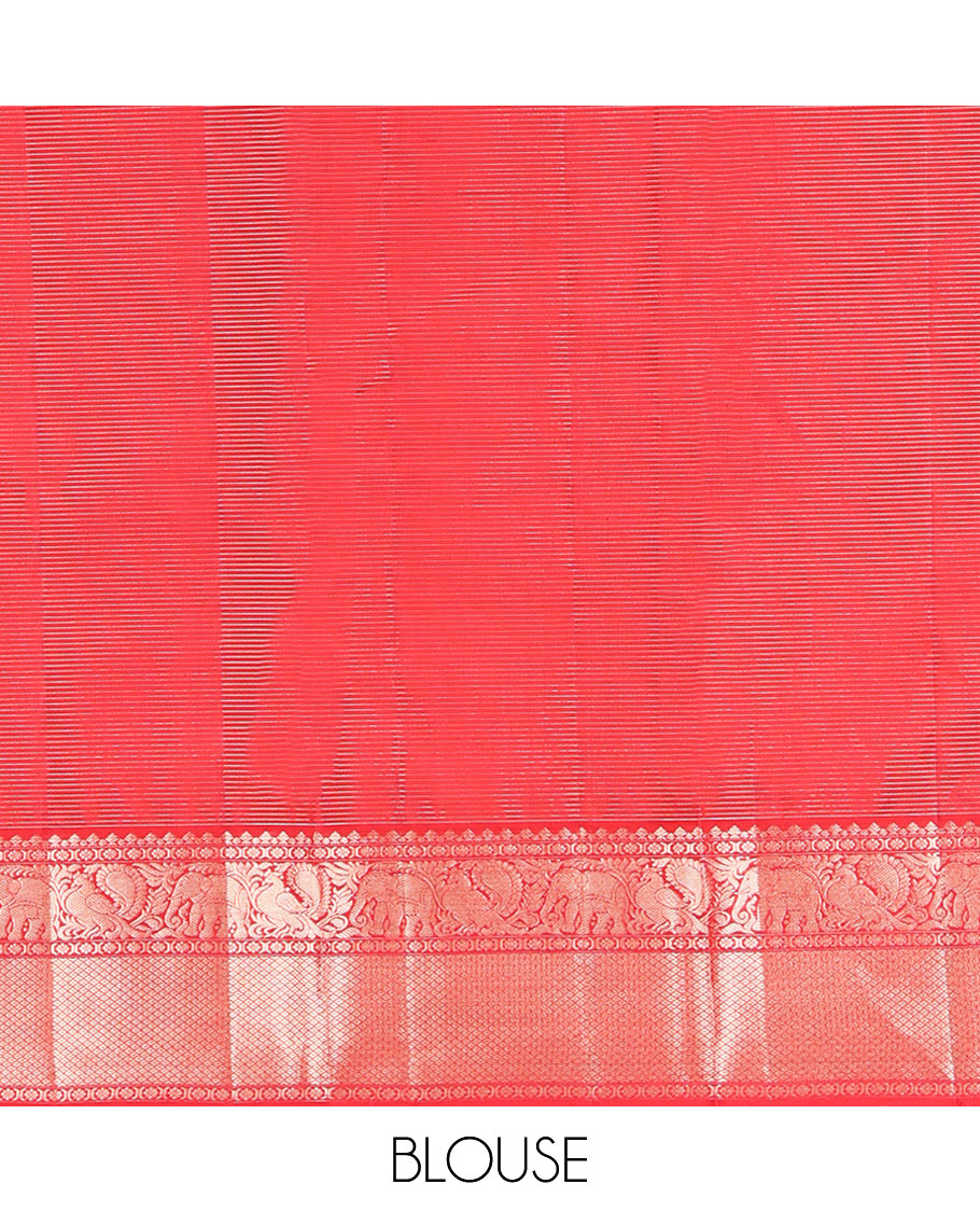 Green Kanchipuram Silk Saree, Bedecked with Stripes All Over Its Body, Complemented by Contrast Border of Mayil, Yaanai, Kamalam, and Mayil Kann Designs, Gleaming Zari-Striped Pallu, and Paired with a Contrast Blouse