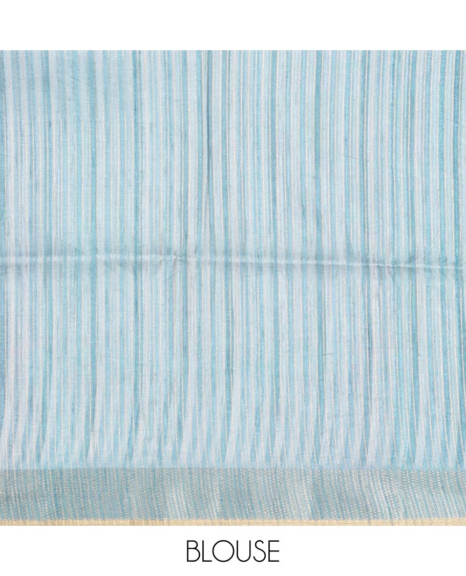 Rama blue hand brushing-style vertical stripes printed fancy tussar silk saree, zig zag-style zari woven border, zari pallu & striped blouse
