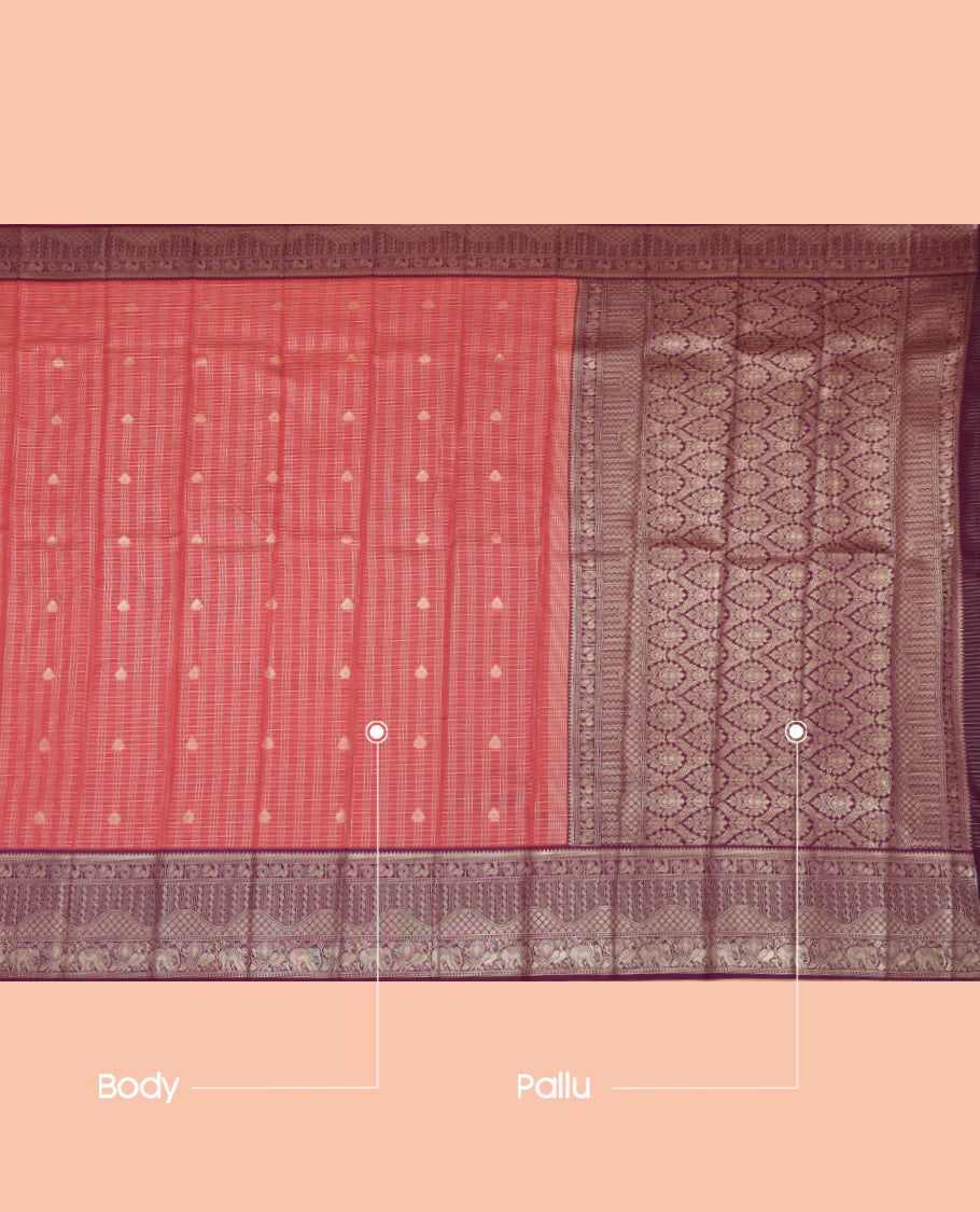 Terracotta Red Litchi Saree, Detailed with Zari Buttas, a Contrast Traditional Zari Border, a Grand Pallu, and a Contrast Blouse