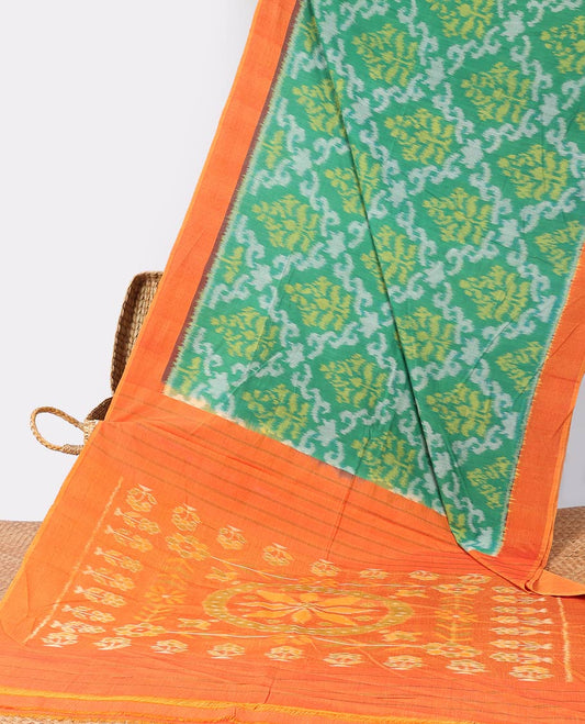 Green argyle design ikkat cotton saree with contrast plain border & intricate design pallu
